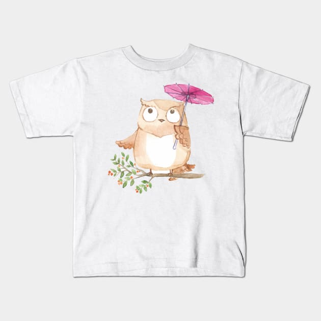 Cool Watercolor Owl In Rain Day Kids T-Shirt by MariaStore